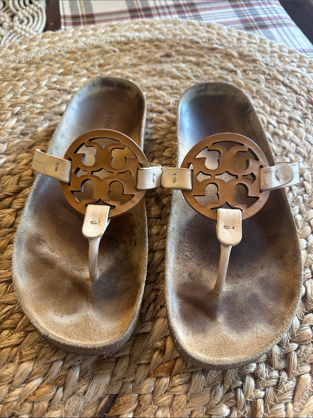 Tory Burch Beige Leather Logo Thong Sandals
